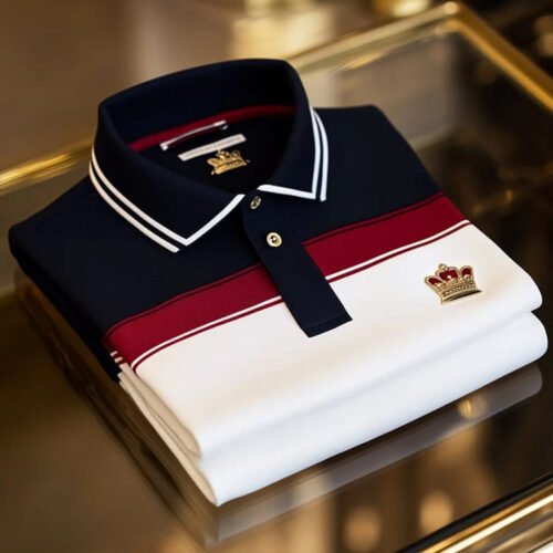 11.jpg Men's Business Casual Logo Button Tricolor Short Sleeve Polo Shirt