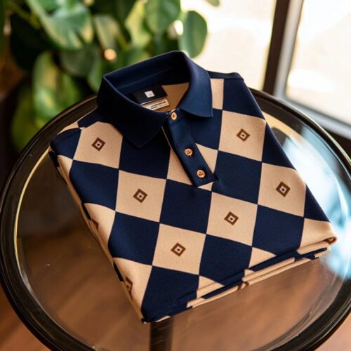 15.jpg Men's Business Casual Embroidered Diamond Check Short Sleeve Polo Shirt