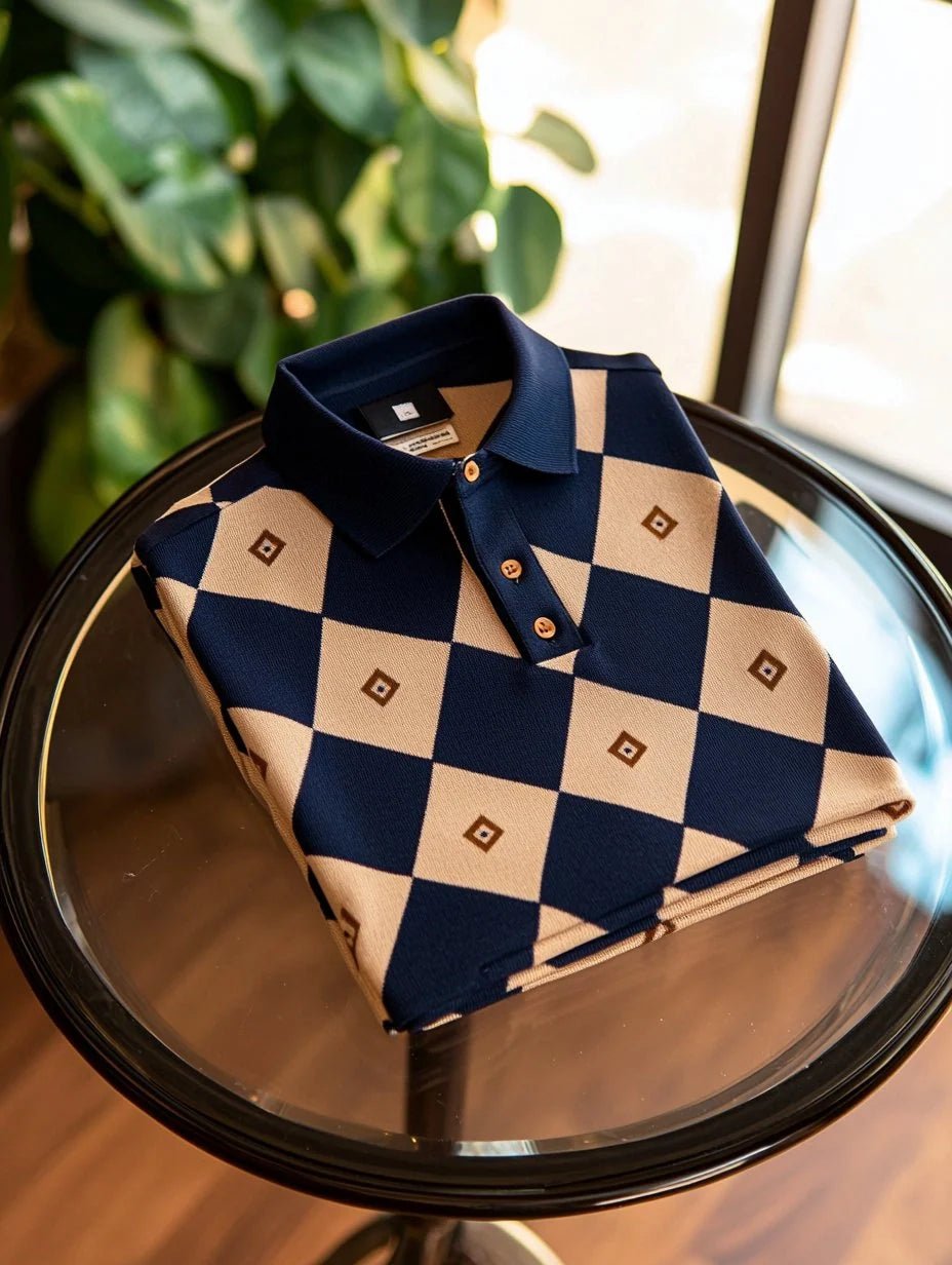 Men's Business Casual Embroidered Diamond Check Short Sleeve Polo Shirt