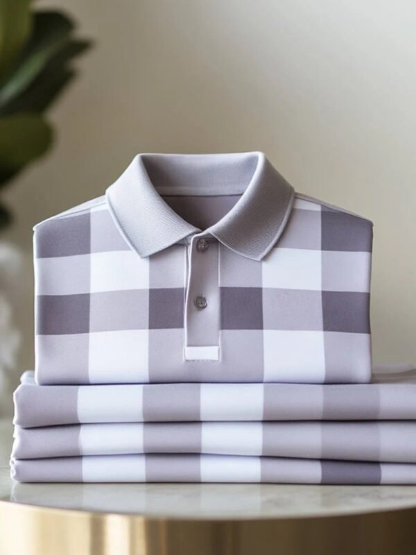 Men's Classic Business Check Button Short Sleeve Stretch Polo Shirt