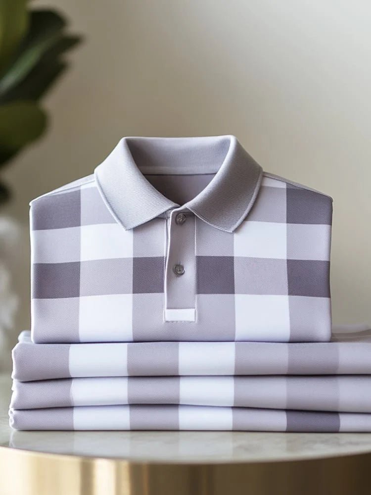 Men's Classic Business Check Button Short Sleeve Stretch Polo Shirt