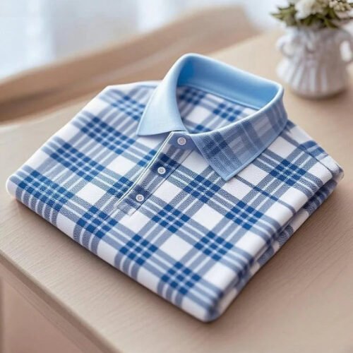 27.jpg Men's Business Casual Blue Plaid Short Sleeve Button Polo Shirt