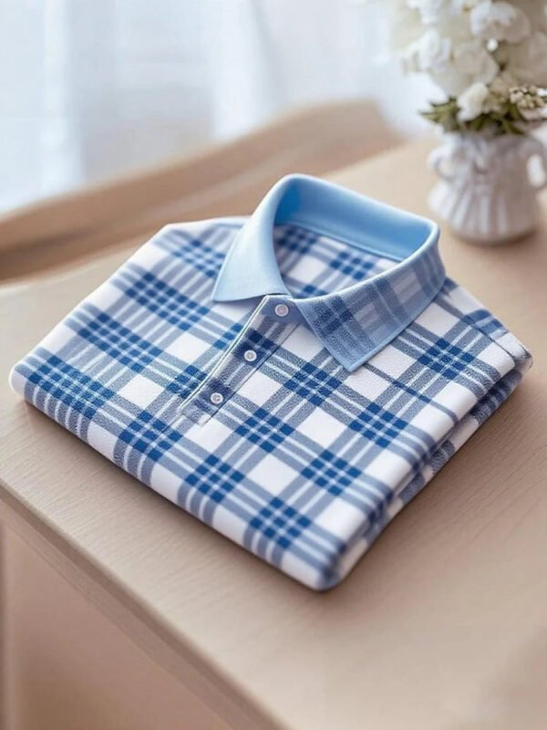 Men's Business Casual Blue Plaid Short Sleeve Button Polo Shirt
