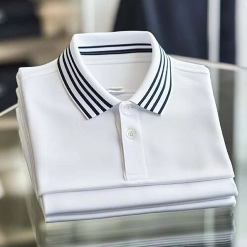 30.jpg Men's Business Stripe Logo Print Cotton Blend Short Sleeve Polo Shirt