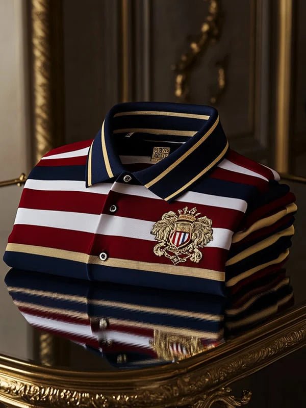 Premium Men's Business Casual Striped Short Sleeve Logo Polo Shirt