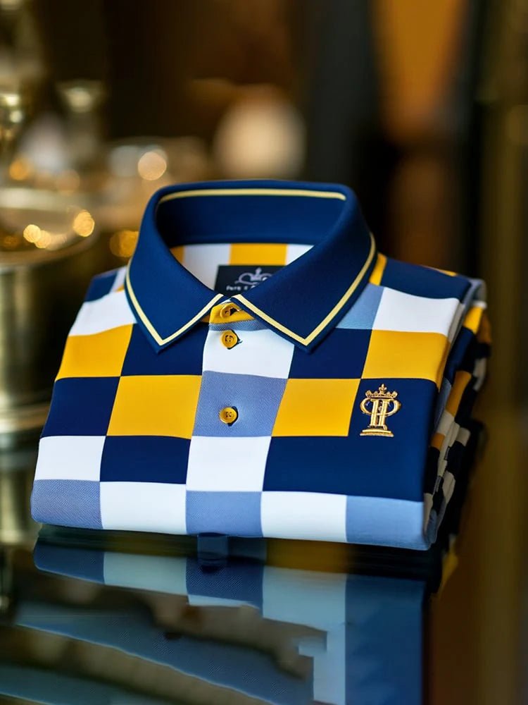 Men's Classic Business Checkered Logo Short Sleeve Polo Shirt